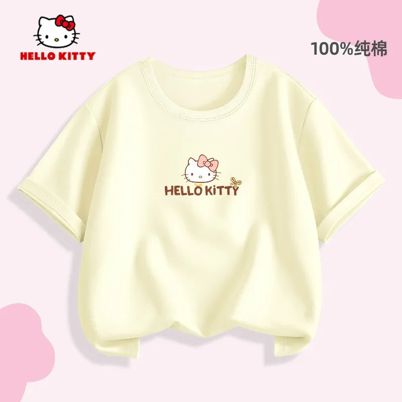 2026 Summer Children's T-shirt Soft Cute Hello Kitty Cartoon Printed Parent Child Wear Pure Cotton Casual Boys and Girls' Top