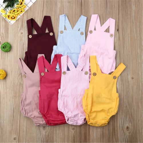 0-36m Unisex Baby Cotton Romper Sleeveless Suspender Solid Stripe Boys Jumpsuits With Button Casual Playsuits For Newborn Girls