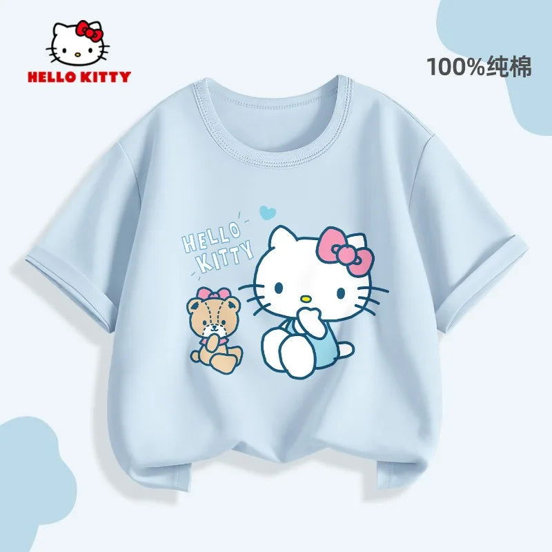 2026 Summer Children's T-shirt Soft Cute Hello Kitty Cartoon Printed Parent Child Wear Pure Cotton Casual Boys and Girls' Top