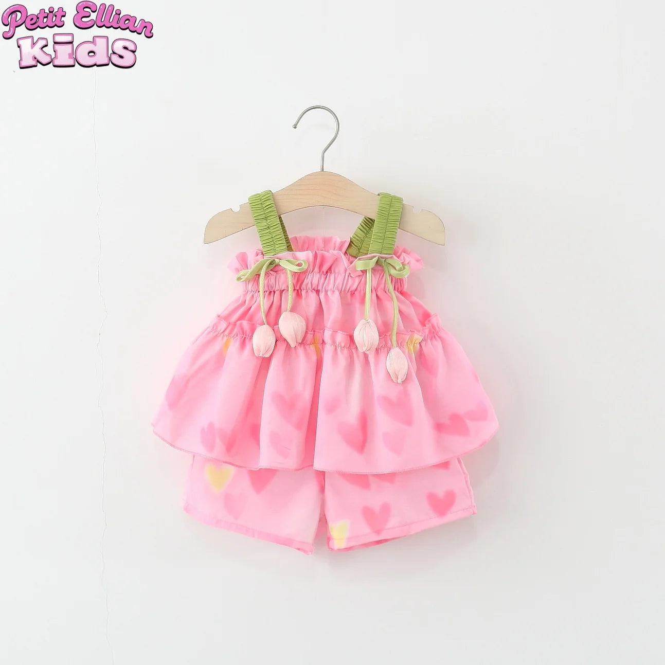 2026 Summer Kids Outfit 1-5Y Girls Pink Heart Print Sets Tulip Strap Top and Shorts Adorable Breathable Children Clothing