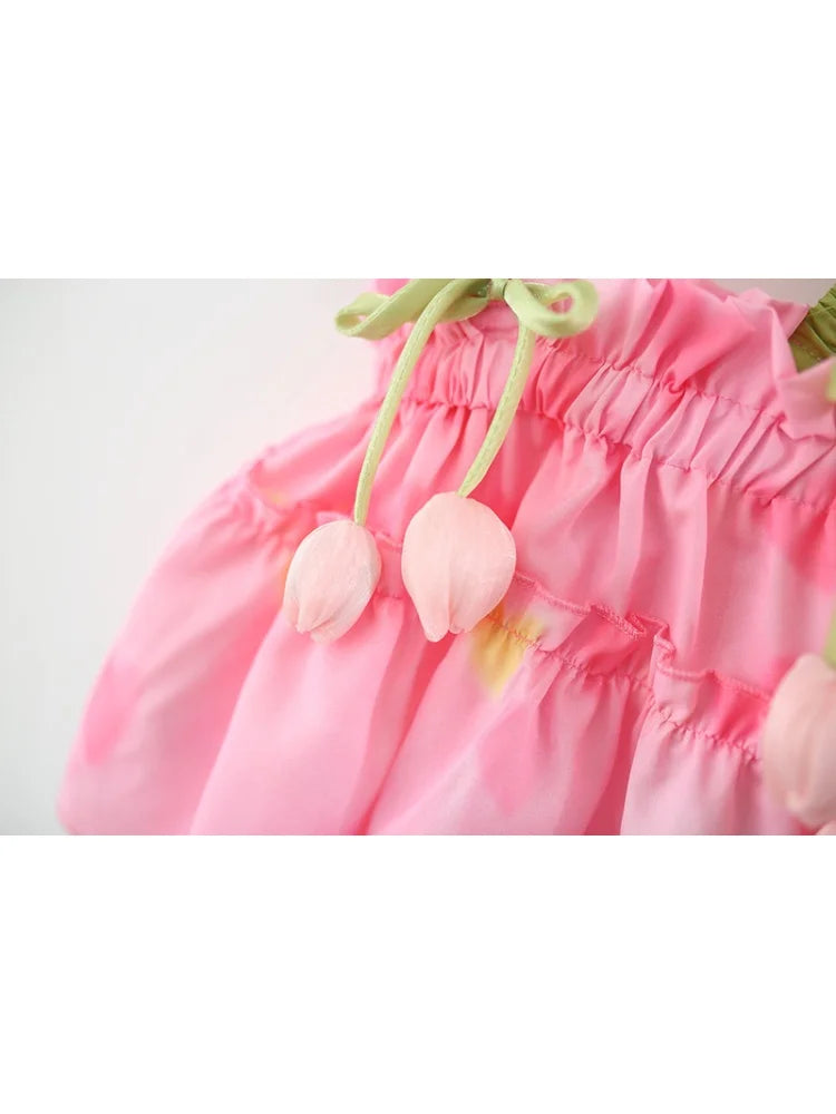 2026 Summer Kids Outfit 1-5Y Girls Pink Heart Print Sets Tulip Strap Top and Shorts Adorable Breathable Children Clothing