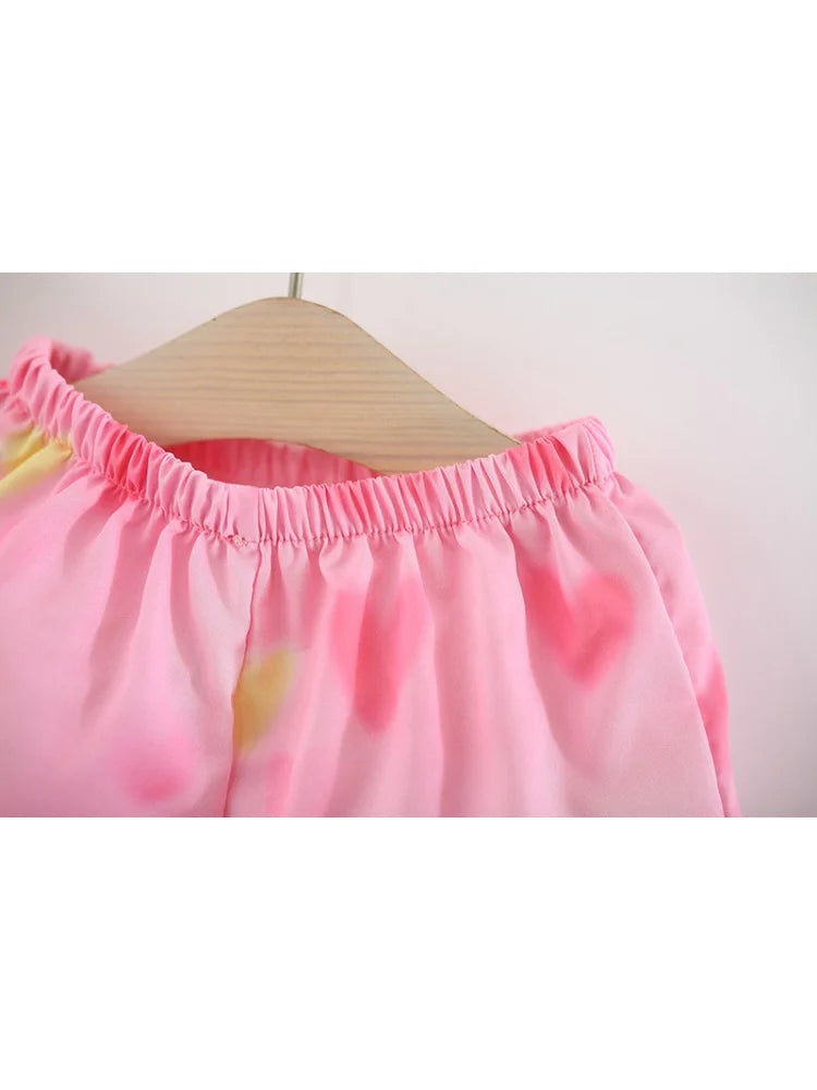2026 Summer Kids Outfit 1-5Y Girls Pink Heart Print Sets Tulip Strap Top and Shorts Adorable Breathable Children Clothing