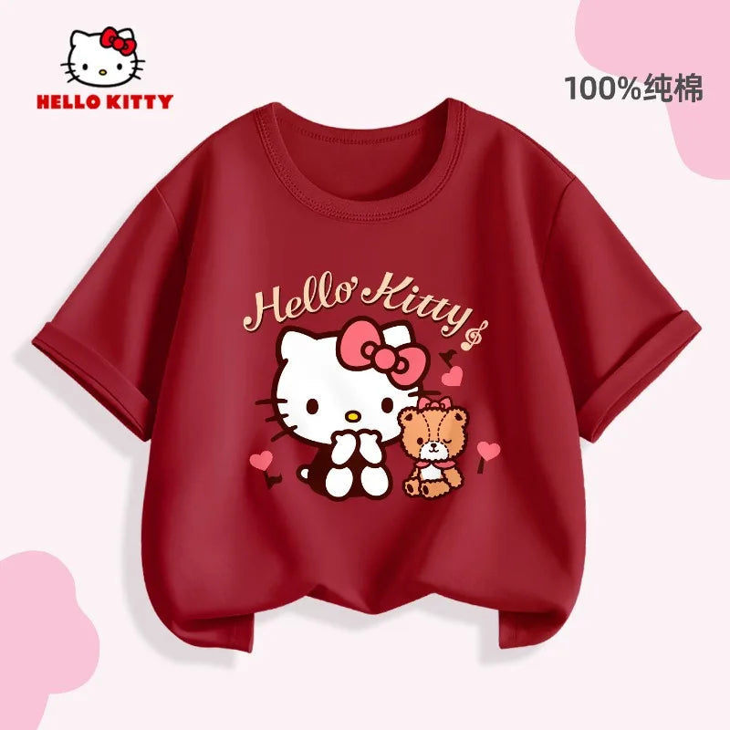 2026 Summer Children's T-shirt Soft Cute Hello Kitty Cartoon Printed Parent Child Wear Pure Cotton Casual Boys and Girls' Top
