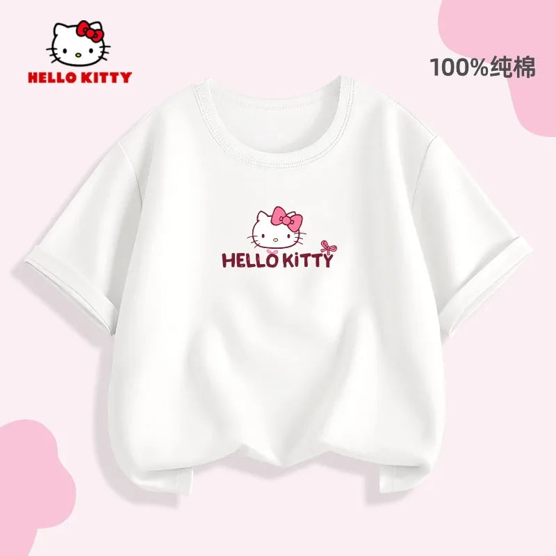 2026 Summer Children's T-shirt Soft Cute Hello Kitty Cartoon Printed Parent Child Wear Pure Cotton Casual Boys and Girls' Top