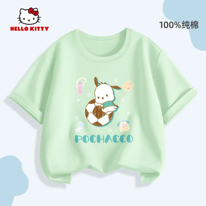 2026 Summer Children's T-shirt Soft Cute Hello Kitty Cartoon Printed Parent Child Wear Pure Cotton Casual Boys and Girls' Top