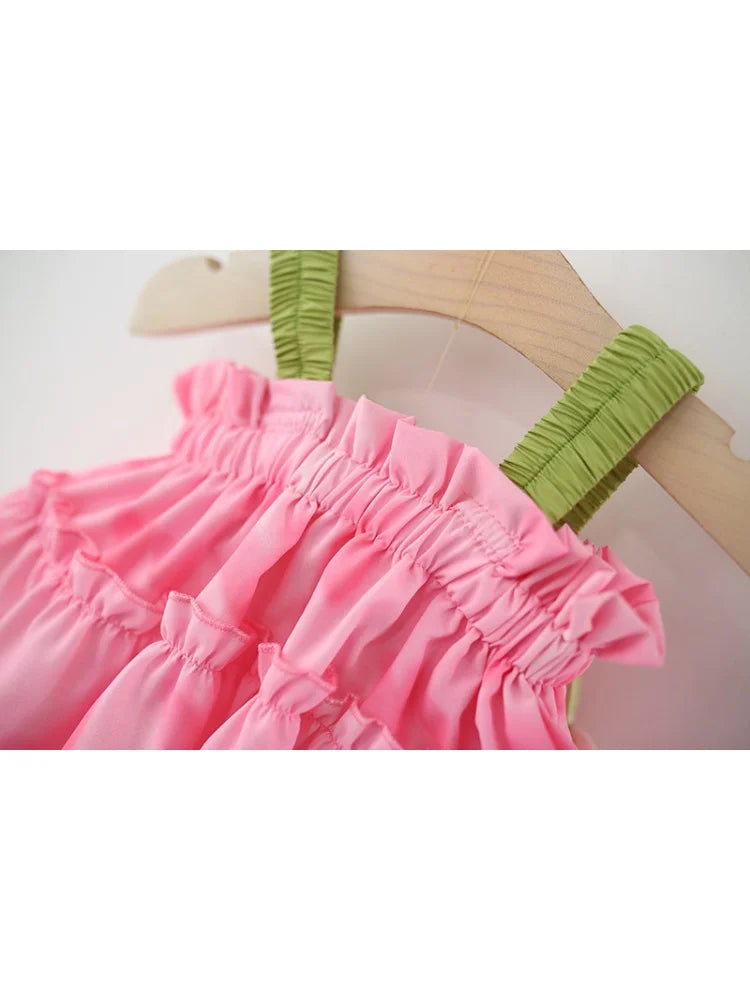 2026 Summer Kids Outfit 1-5Y Girls Pink Heart Print Sets Tulip Strap Top and Shorts Adorable Breathable Children Clothing